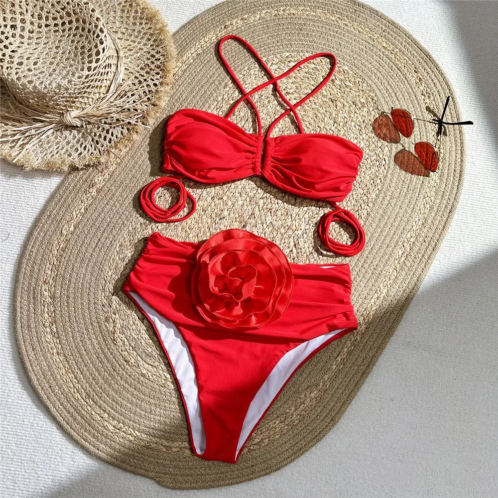 Sexy Red 3D Flower Swimwear Ha - Swimsuit Bikini Ruched recension och pris