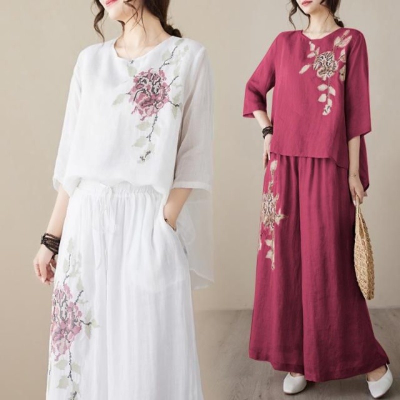 Linen Cotton Two Piece Set Wom - Linen Pant Wide recension och pris