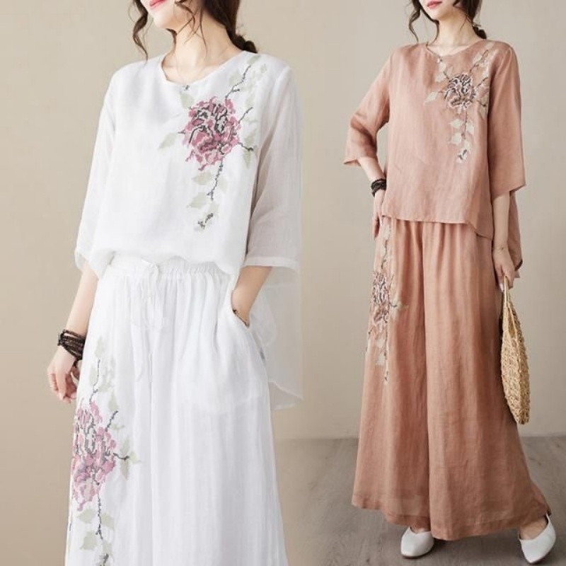 Linen Cotton Two Piece Set Wom - Linen Pant Wide recension och pris